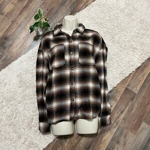 Hollister Size Small Oversized Brown Black Plaid Flannel Jacket Shacket